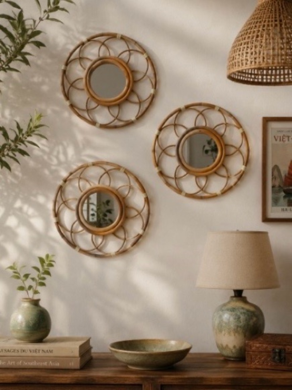Vintage 1970s Vietnam Rattan Flower Wall
Mirrors Set of 3 Boho Coastal Decor